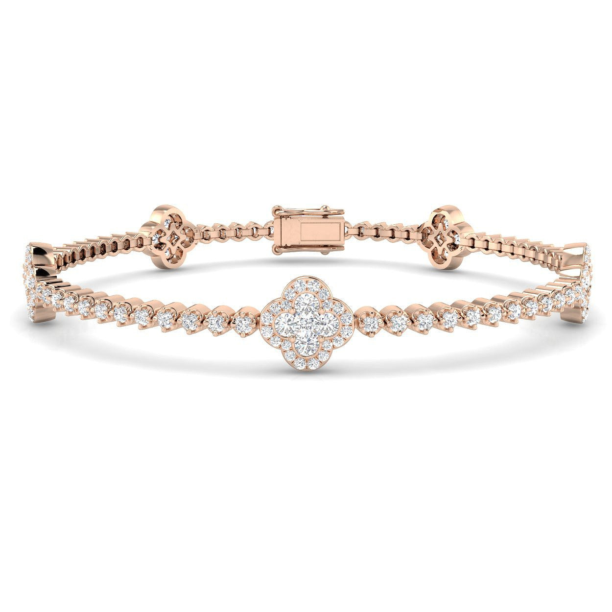 Natural Diamond Clover Link Tennis Bracelet in 9K Solid Gold with Box Clasp