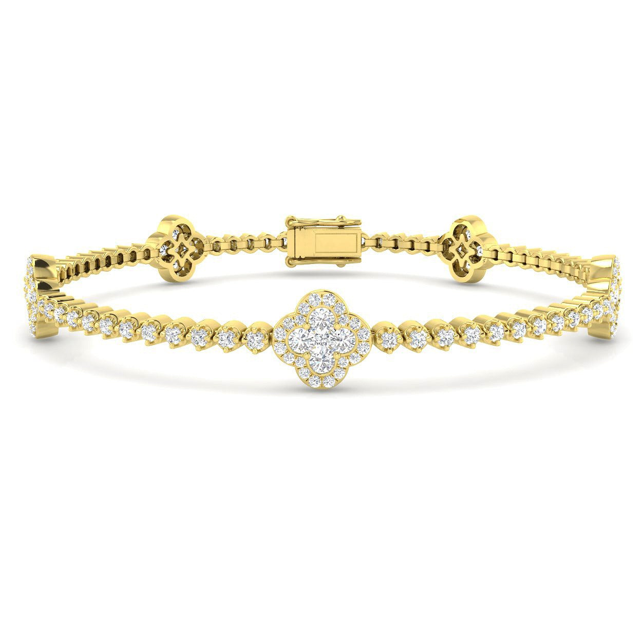 Natural Diamond Clover Link Tennis Bracelet in 9K Solid Gold with Box Clasp