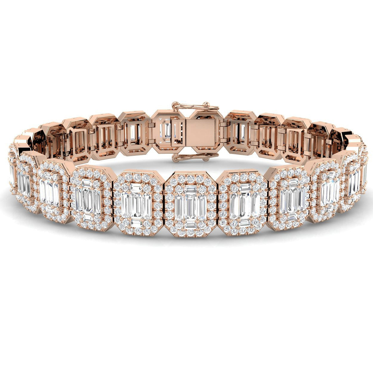 Emerald Style Baguette & Round Cut Natural Diamond Bracelet in Gold & Platinum | Pave Set