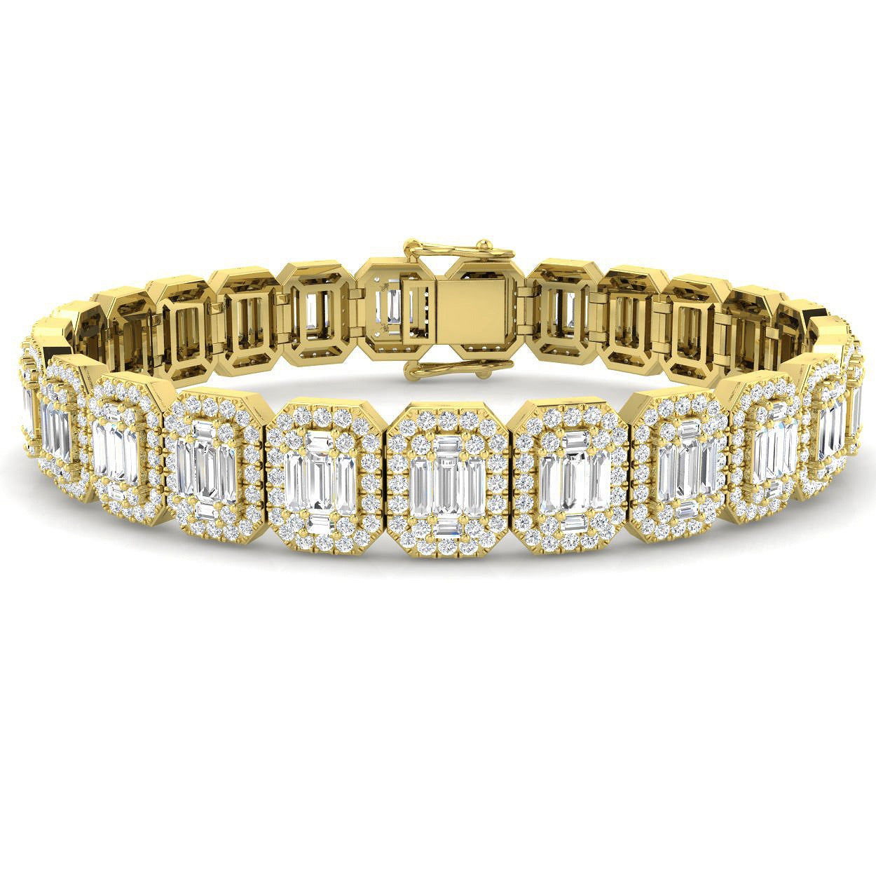 Emerald Style Baguette & Round Cut Natural Diamond Bracelet in Gold & Platinum | Pave Set