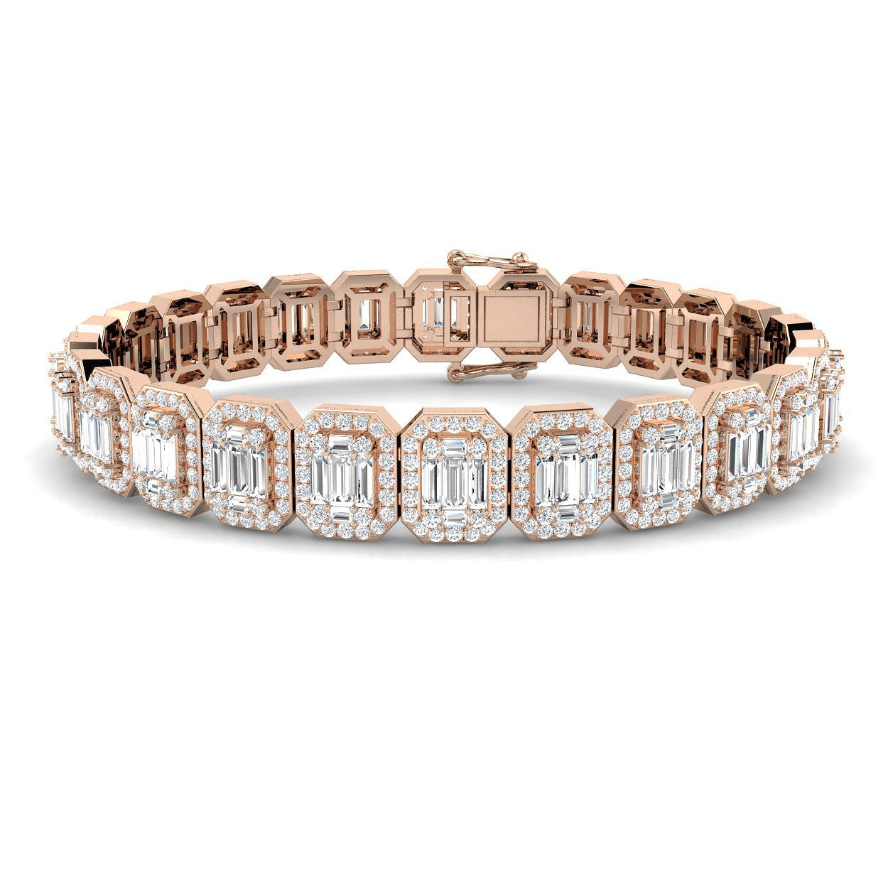 Emerald Style Baguette & Round Cut Natural Diamond Bracelet in Gold & Platinum | Pave Set