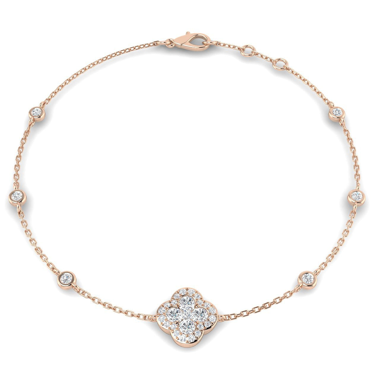 Clover Diamond Chain Bracelet with Bezel & Pave Set Natural Diamonds in Platinum