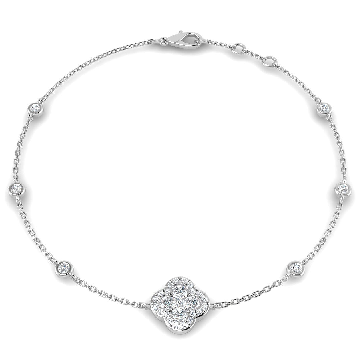 Clover Diamond Chain Bracelet with Bezel & Pave Set Natural Diamonds in Platinum