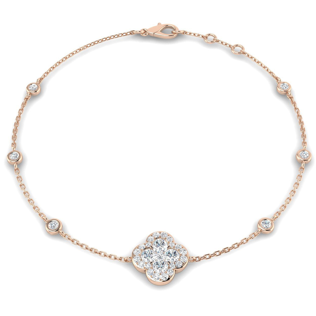 Clover Diamond Chain Bracelet with Bezel & Pave Set Natural Diamonds in Platinum