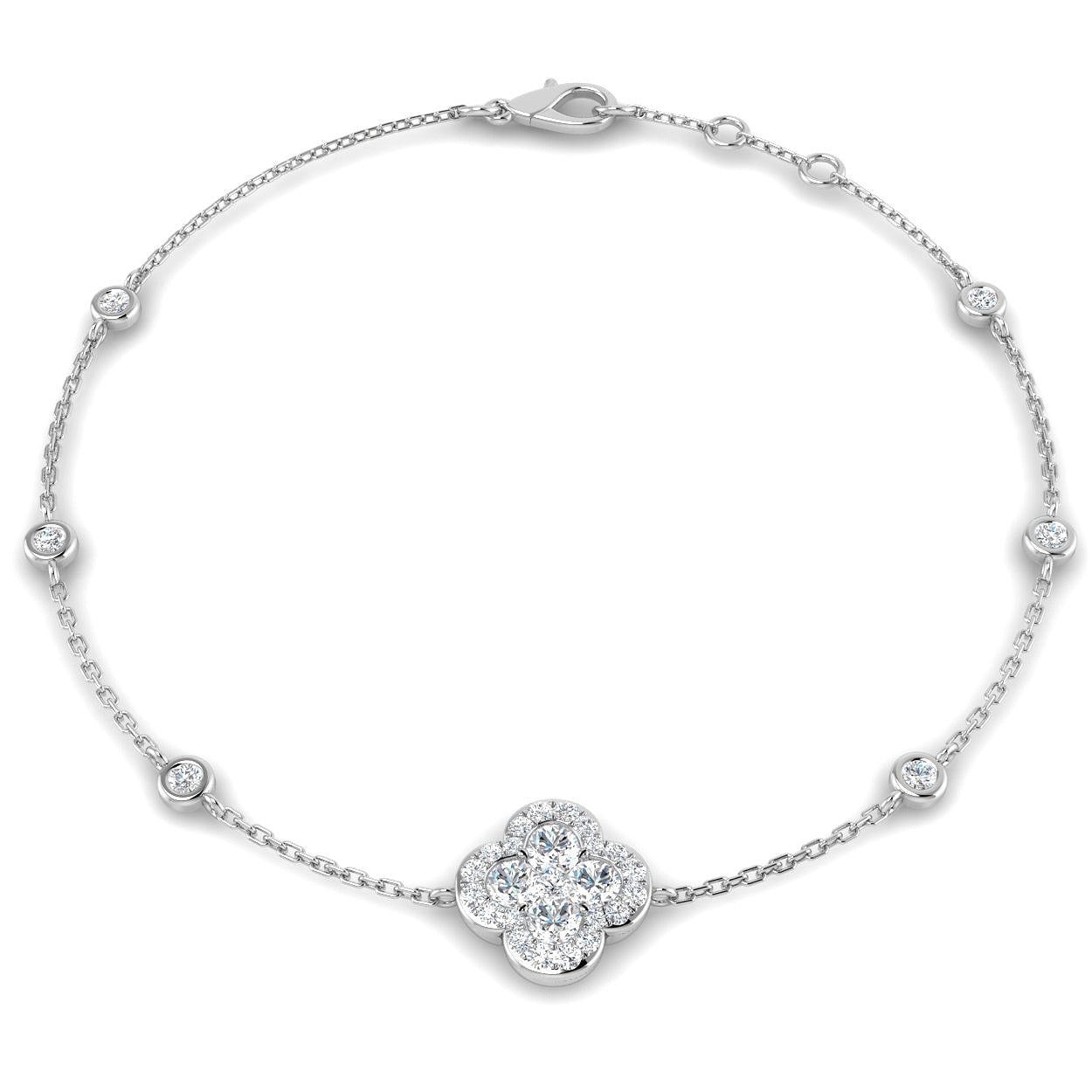 Clover Diamond Chain Bracelet with Bezel & Pave Set Natural Diamonds in Platinum