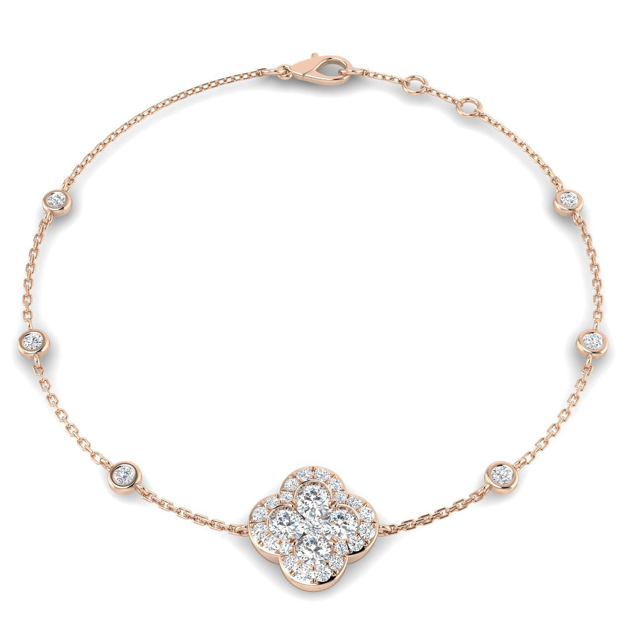 Clover Diamond Chain Bracelet with Bezel & Pave Set Natural Diamonds in Platinum