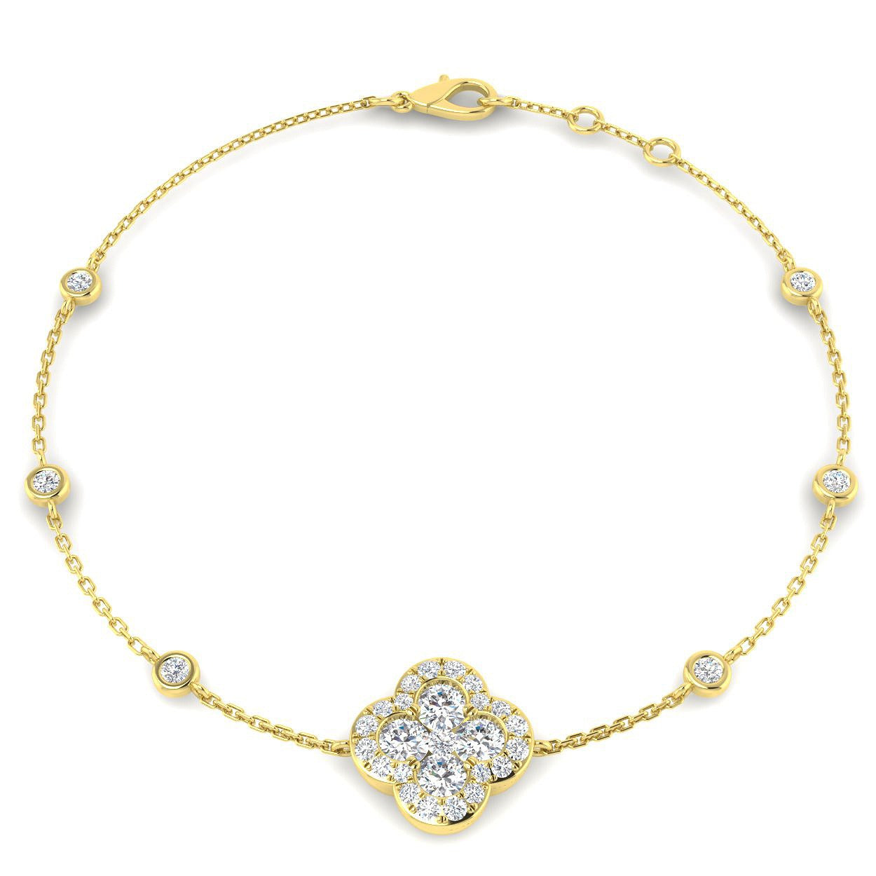 Clover Diamond Chain Bracelet with Bezel & Pave Set Natural Diamonds in Platinum