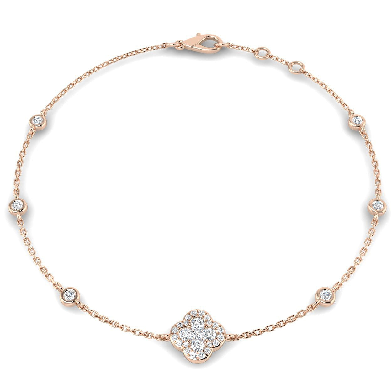 Clover Diamond Chain Bracelet with Bezel & Pave Set Natural Diamonds in Platinum