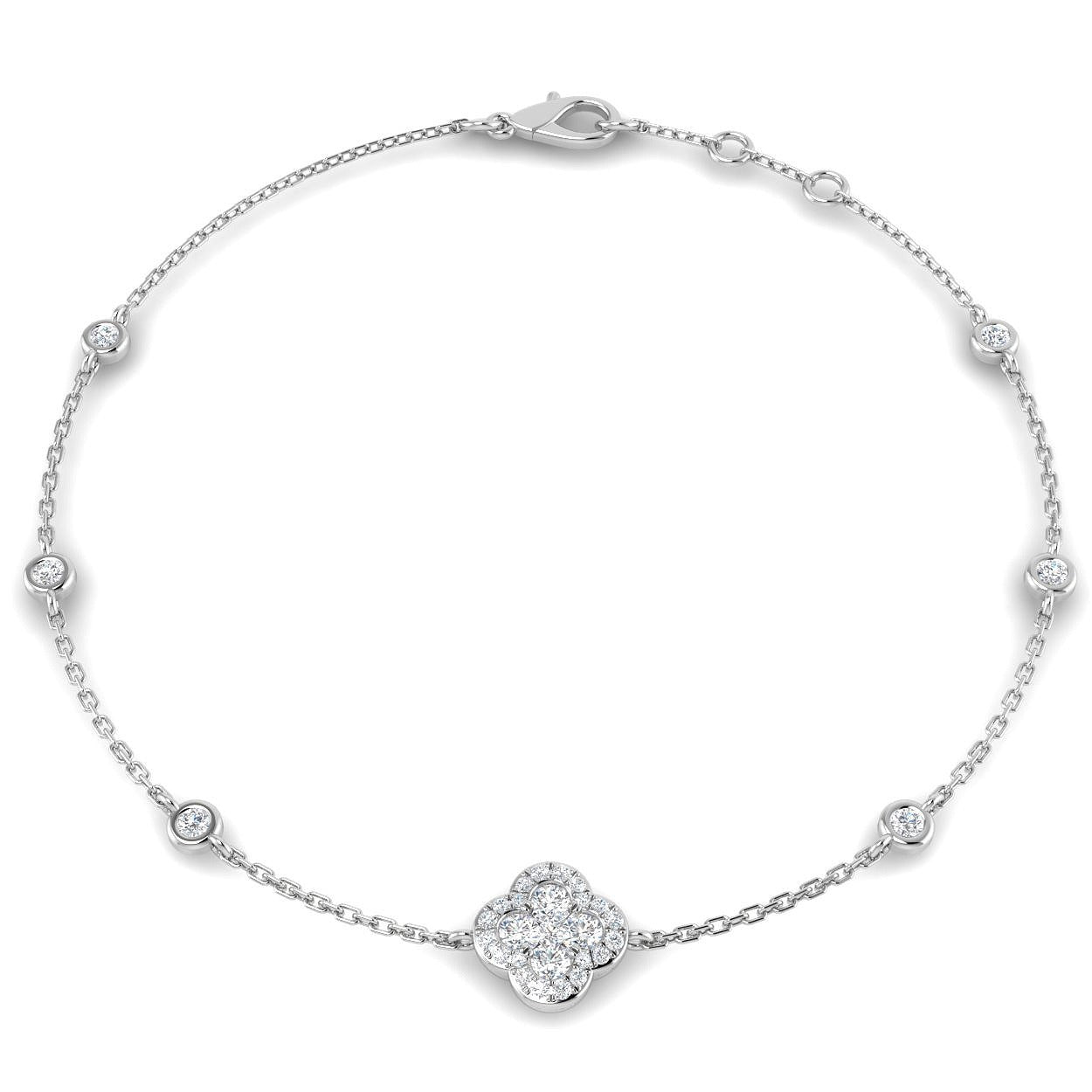 Clover Diamond Chain Bracelet with Bezel & Pave Set Natural Diamonds in Platinum