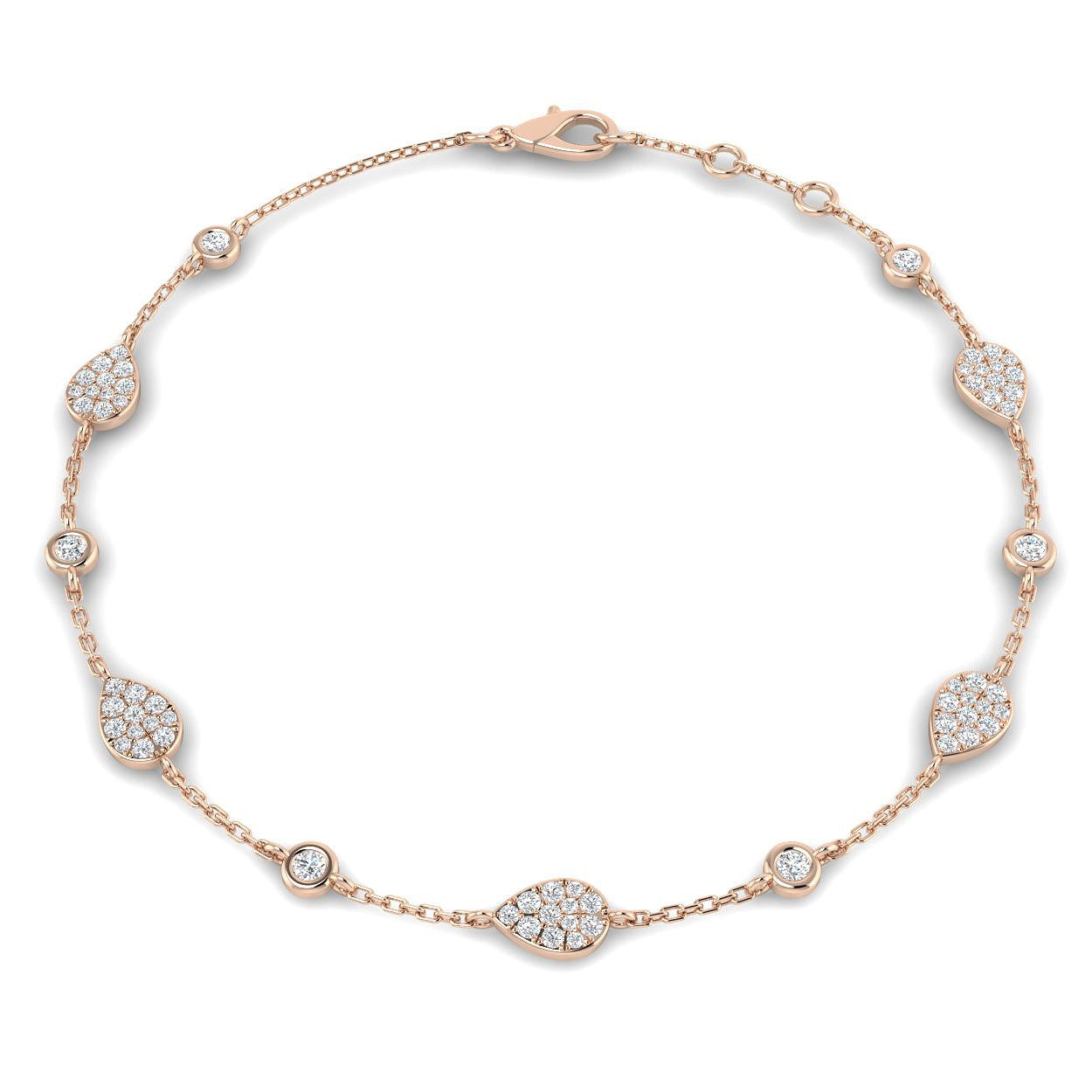 18K Yellow Gold Natural Diamond Pear Shape Station Bracelet – Pave Set Chain Bracelet with Lobster Clasp