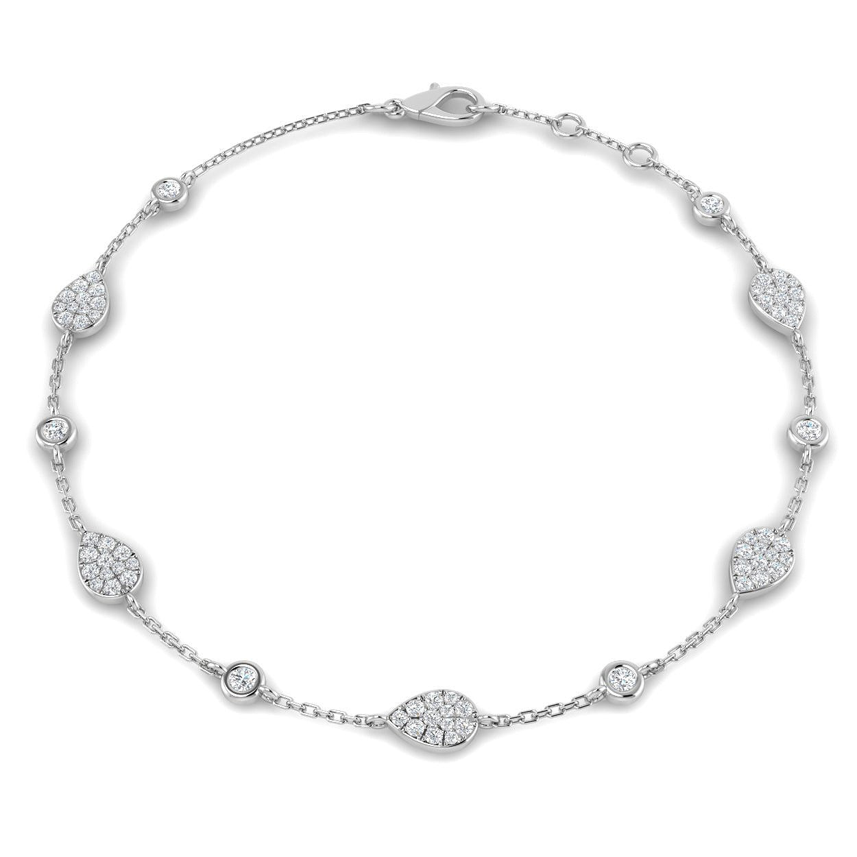 18K Yellow Gold Natural Diamond Pear Shape Station Bracelet – Pave Set Chain Bracelet with Lobster Clasp