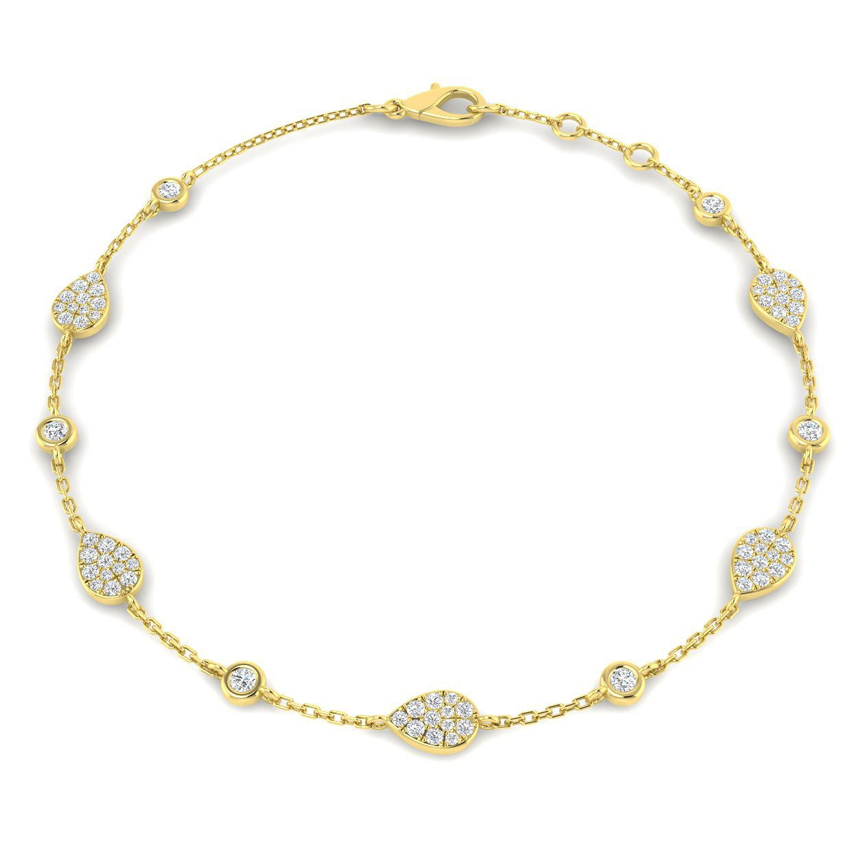 18K Yellow Gold Natural Diamond Pear Shape Station Bracelet – Pave Set Chain Bracelet with Lobster Clasp