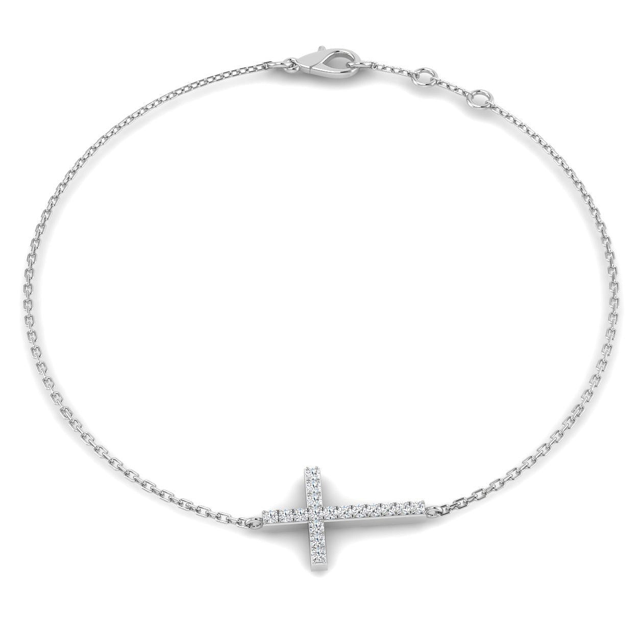 Solid Gold Natural Diamond Pavé Cross Bracelet, 9K 18K Gold Diamond Religious Cross Bracelet