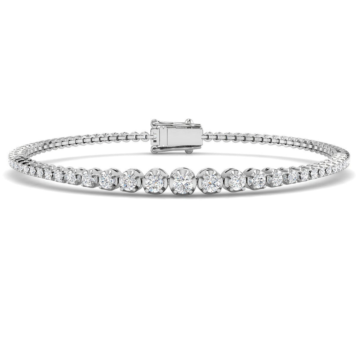 Round Lab Grown Diamond Graduate Tennis Bracelet in Platinum with Prong Set Box Clasp