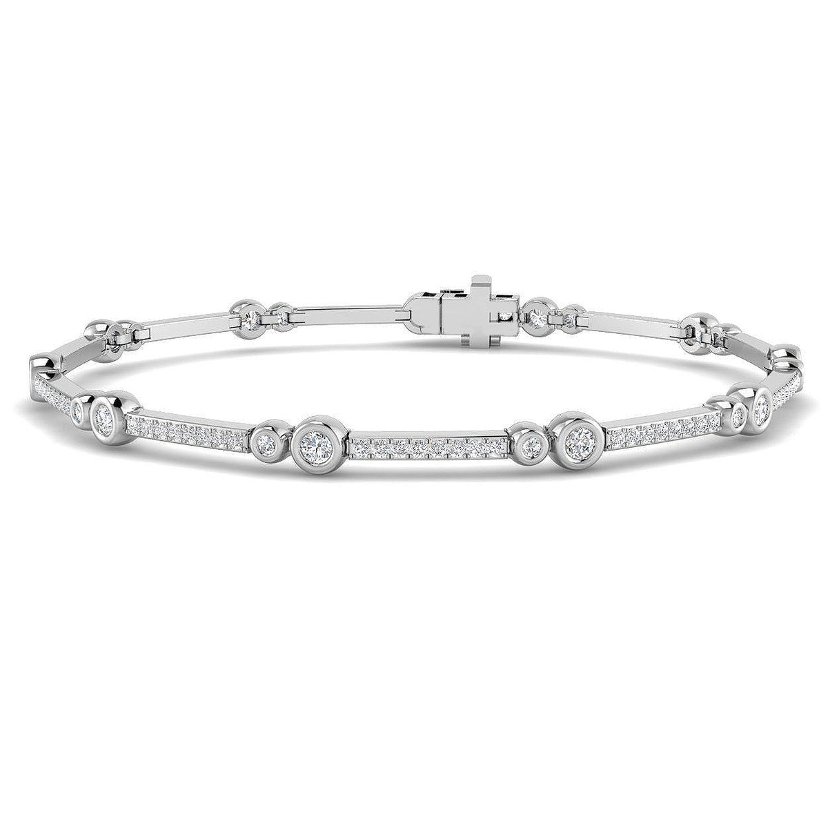 9K Yellow Gold Lab Grown Diamond Station Bracelet – Round Bezel & Pave Set Diamond Bar Bracelet with Box Clasp