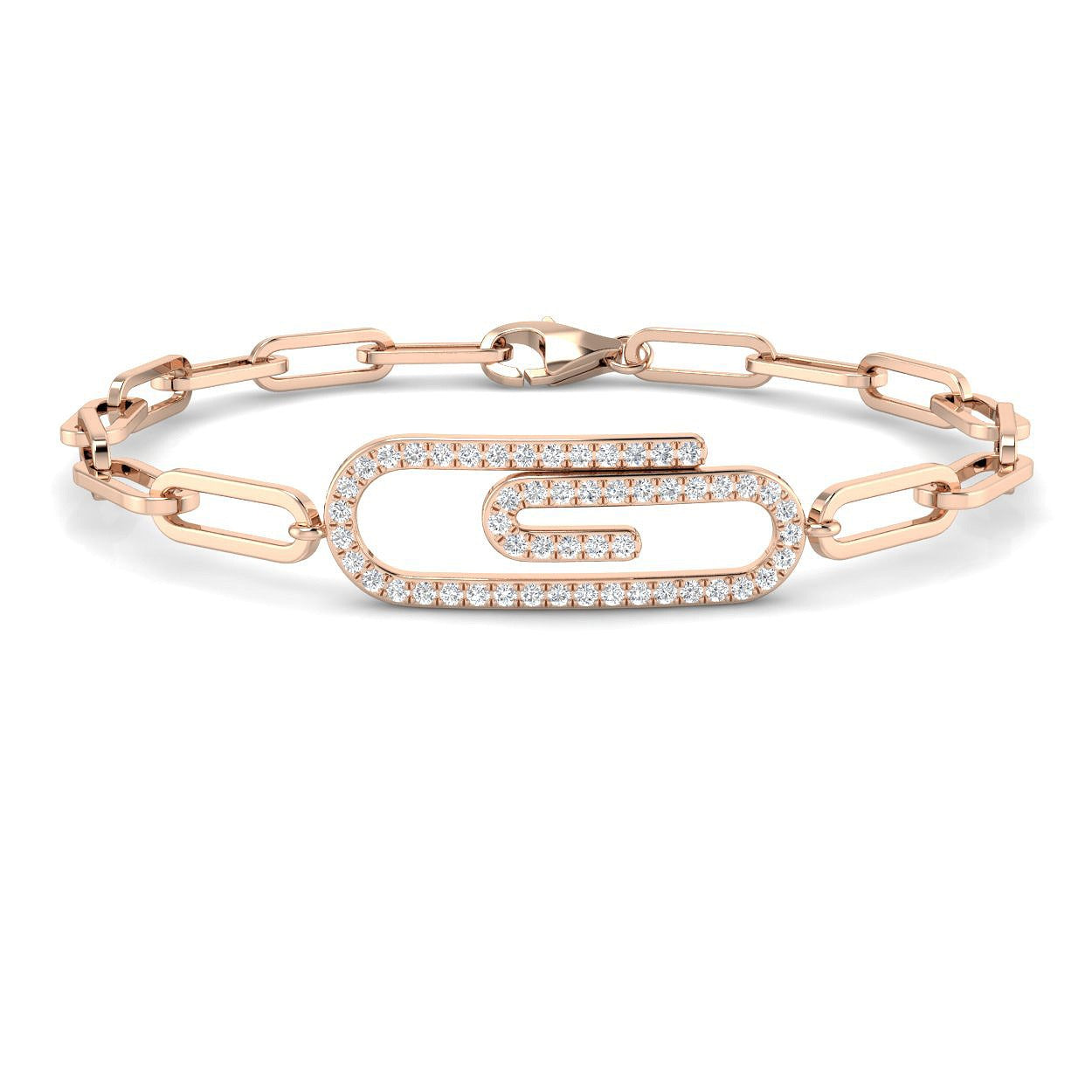 Round Pave Lab Grown Diamond Paperclip Link Bracelet with Pave Center Link in 9K/18K Gold