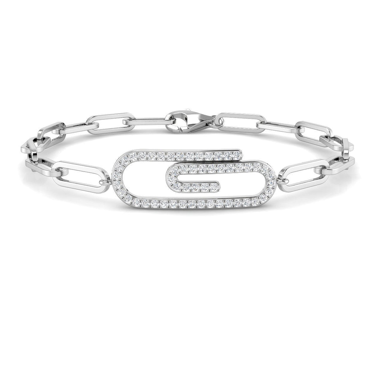 Round Pave Lab Grown Diamond Paperclip Link Bracelet with Pave Center Link in 9K/18K Gold