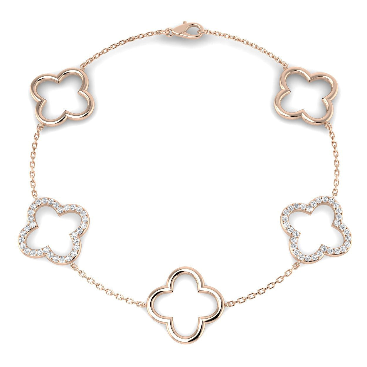 18K Gold Lab Grown Diamond Four Leaf Clover Bracelet – Pave Set with Chain & Lobster Clasp