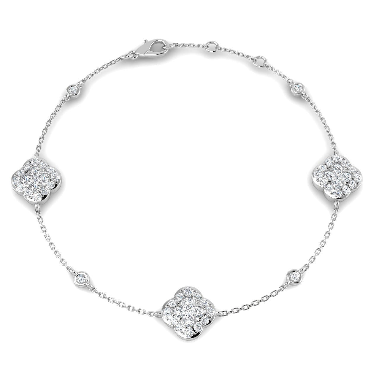 1.20Ct Clover Style Lab Grown or Natural Diamond Chain Bracelet in Platinum | Pave & Bezel Set