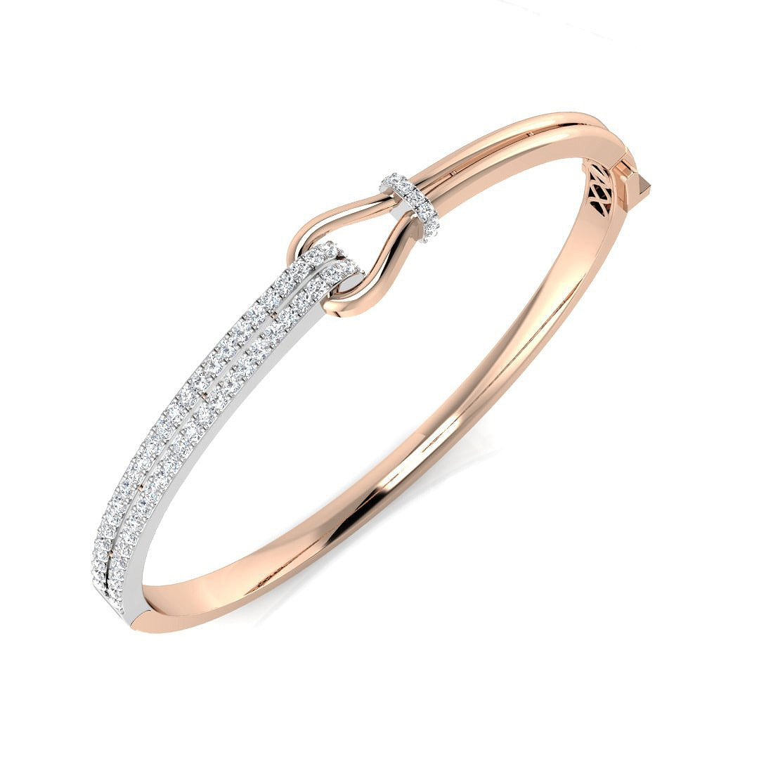 9K Yellow Gold Natural Round Cut Pave Set Knot Design Diamond Bangle with Hinged Lock