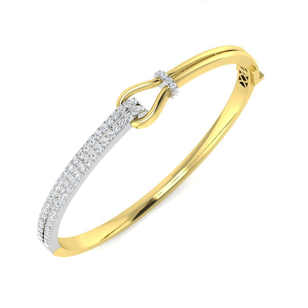 9K Yellow Gold Natural Round Cut Pave Set Knot Design Diamond Bangle with Hinged Lock