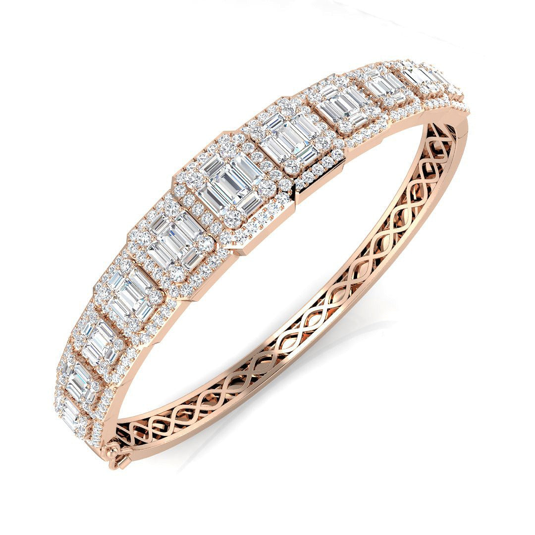 18K White Gold Lab Grown Baguette and Round Diamond Emerald Style Channel Prong Set Bangle
