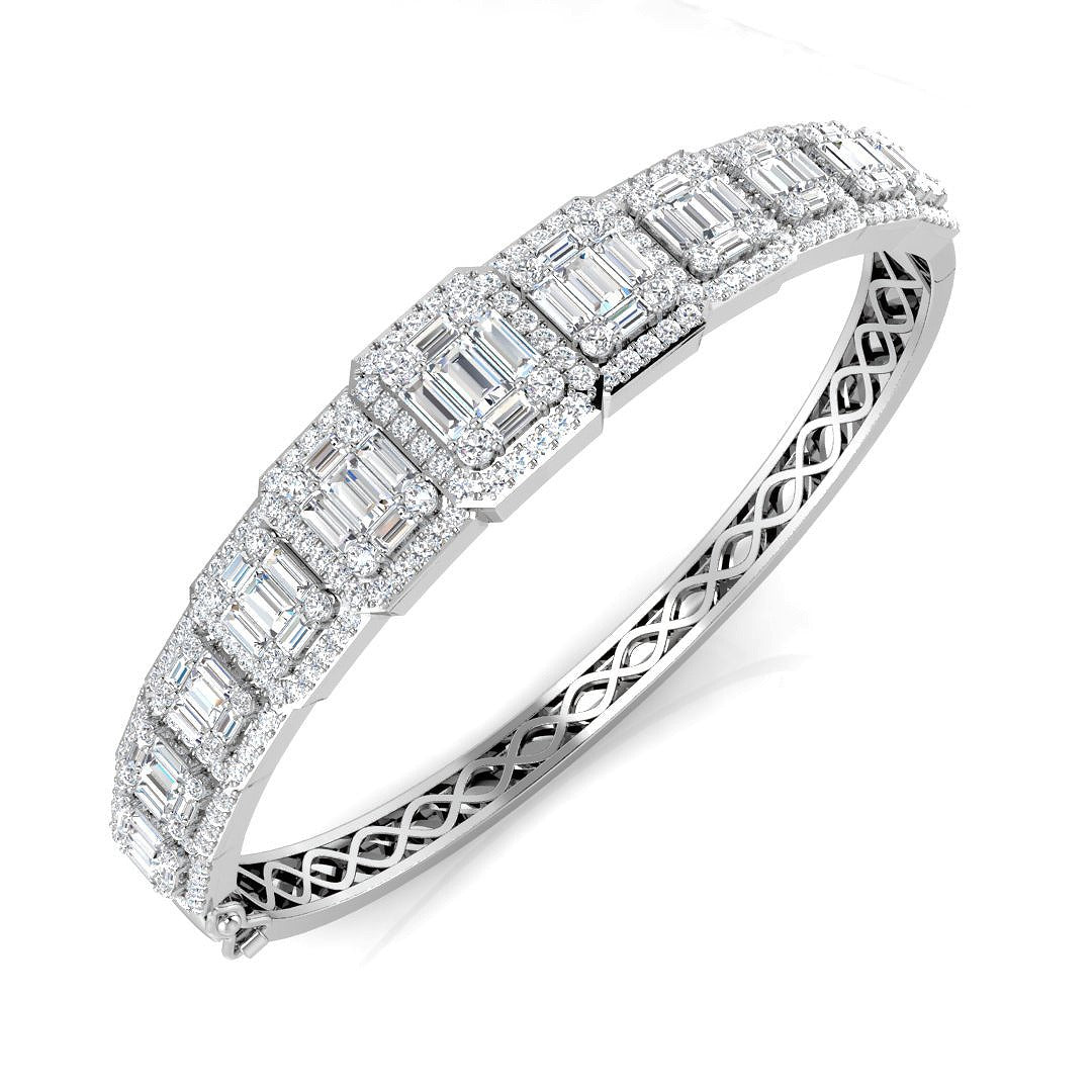 18K White Gold Lab Grown Baguette and Round Diamond Emerald Style Channel Prong Set Bangle
