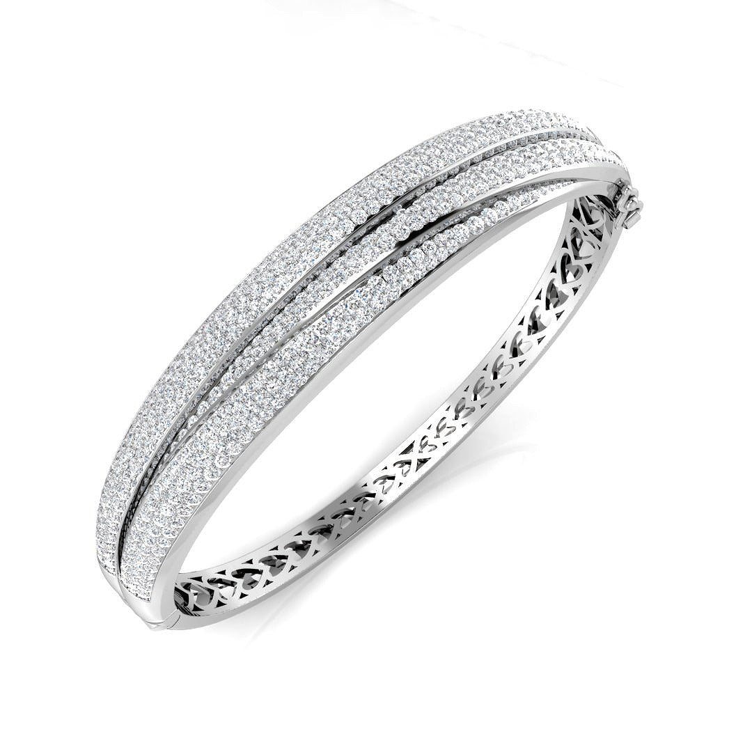 18K White Gold Lab Grown Round Cut Diamond Pave Set Fancy Bangle with Hinged Box Lock