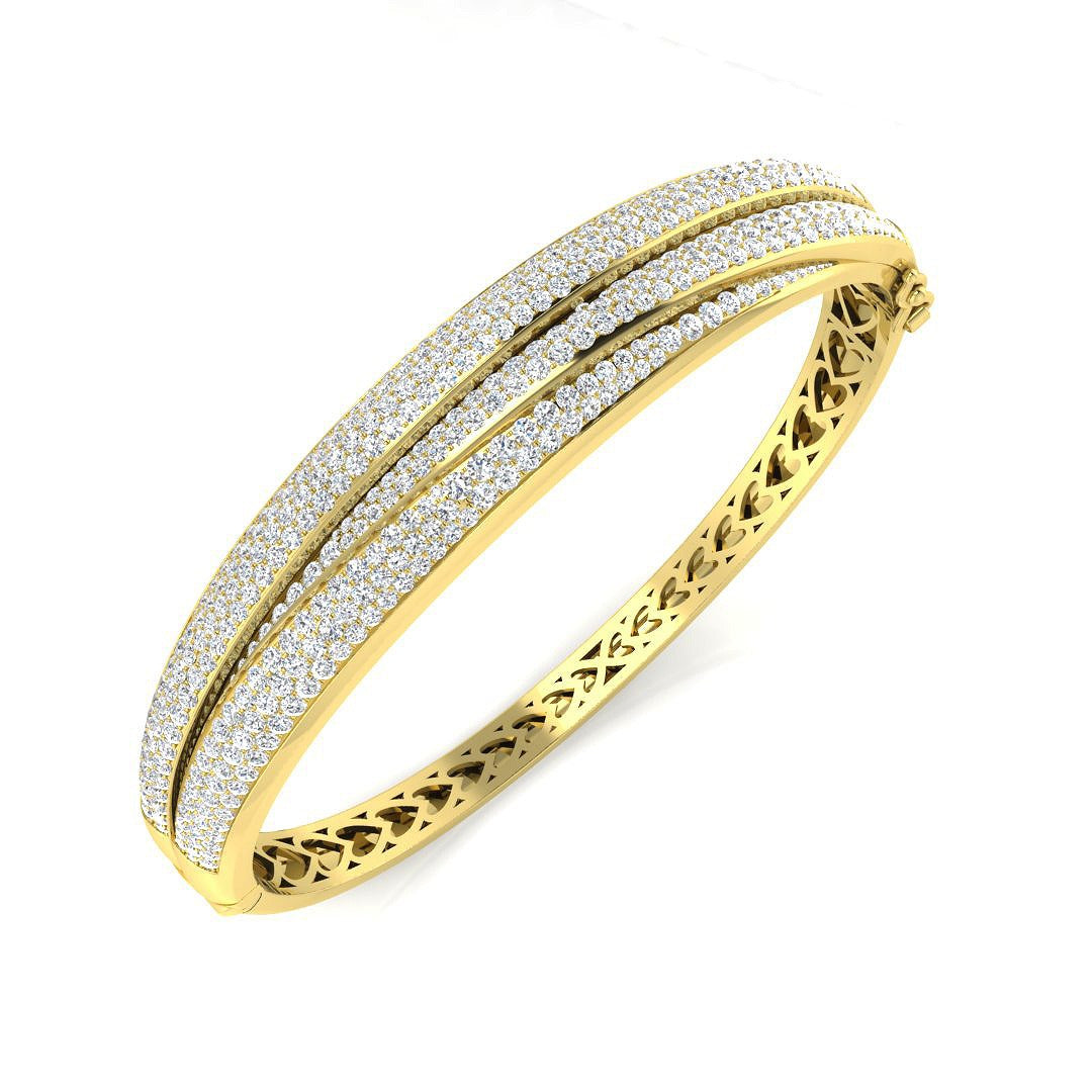 18K White Gold Lab Grown Round Cut Diamond Pave Set Fancy Bangle with Hinged Box Lock
