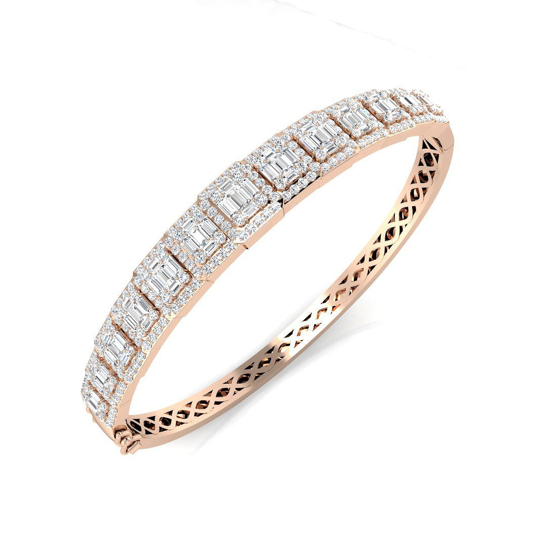 18K White Gold Lab Grown Baguette and Round Diamond Emerald Style Channel Prong Set Bangle