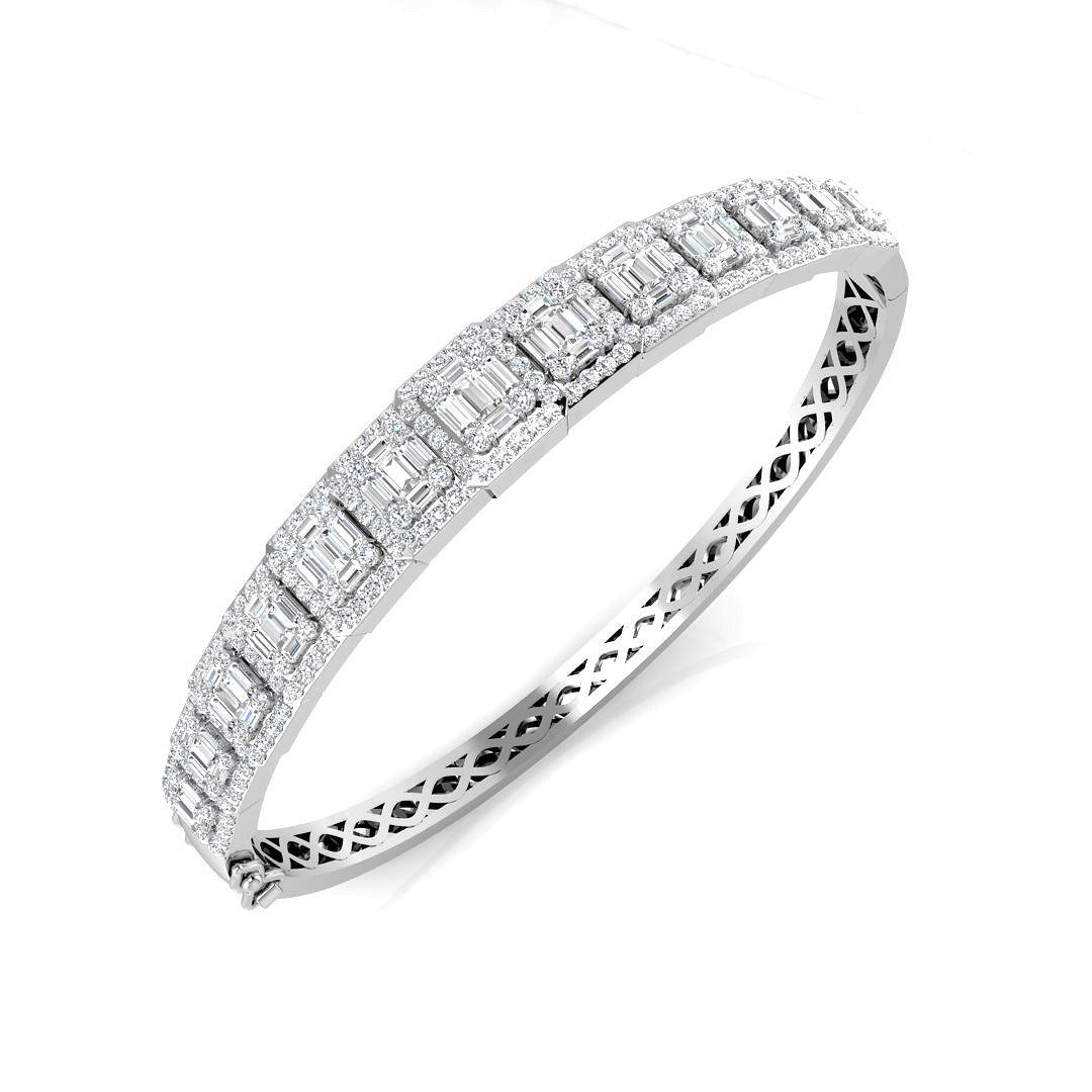 18K White Gold Lab Grown Baguette and Round Diamond Emerald Style Channel Prong Set Bangle