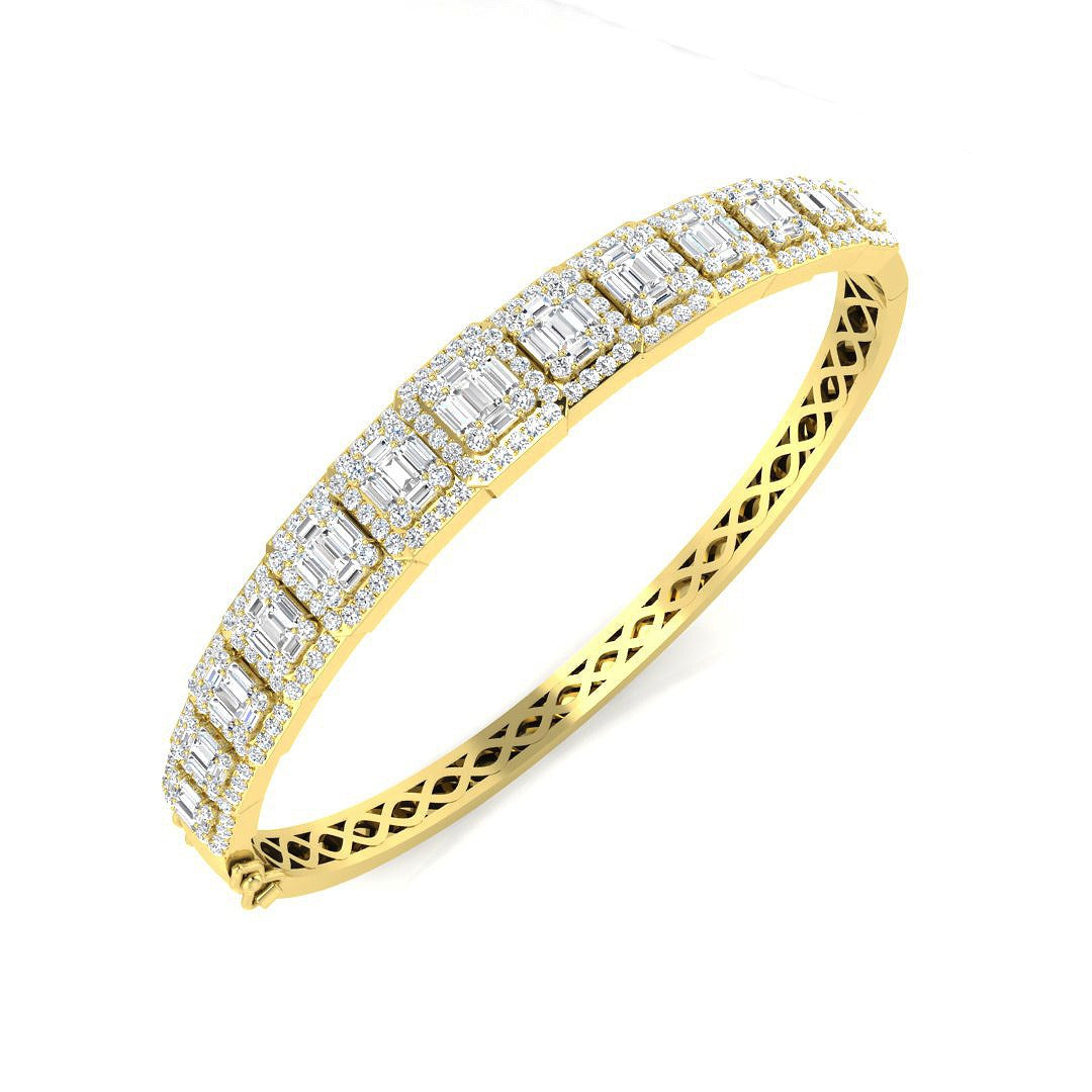 18K White Gold Lab Grown Baguette and Round Diamond Emerald Style Channel Prong Set Bangle