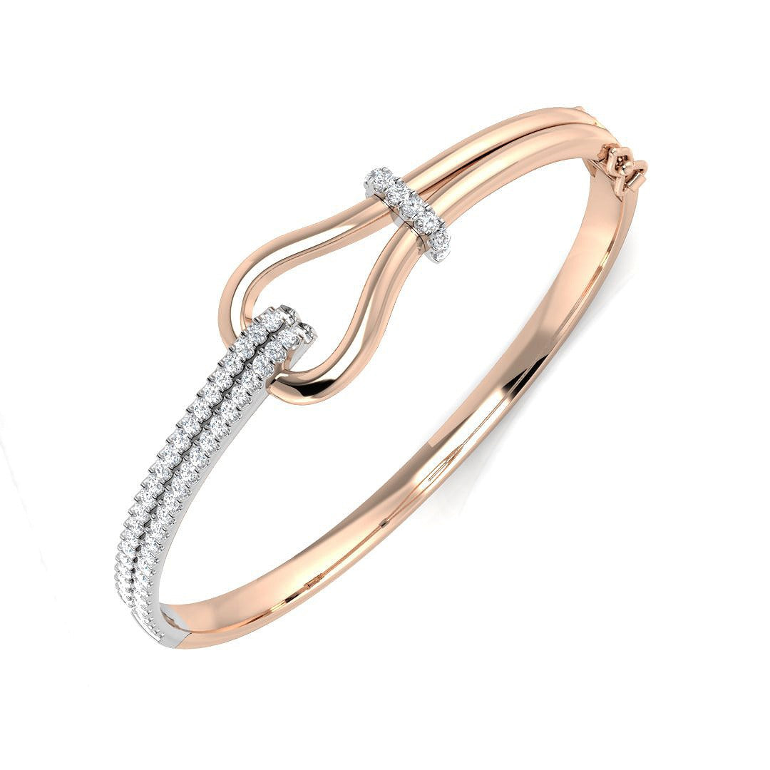 9K Yellow Gold Natural Round Cut Pave Set Knot Design Diamond Bangle with Hinged Lock