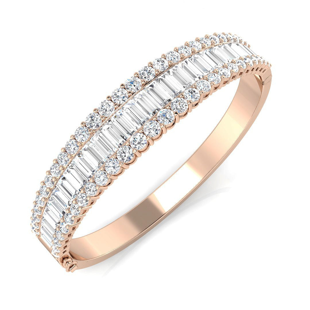 9K Yellow Gold Natural Baguette and Round Cut Diamond Half Channel Pave Set Bangle