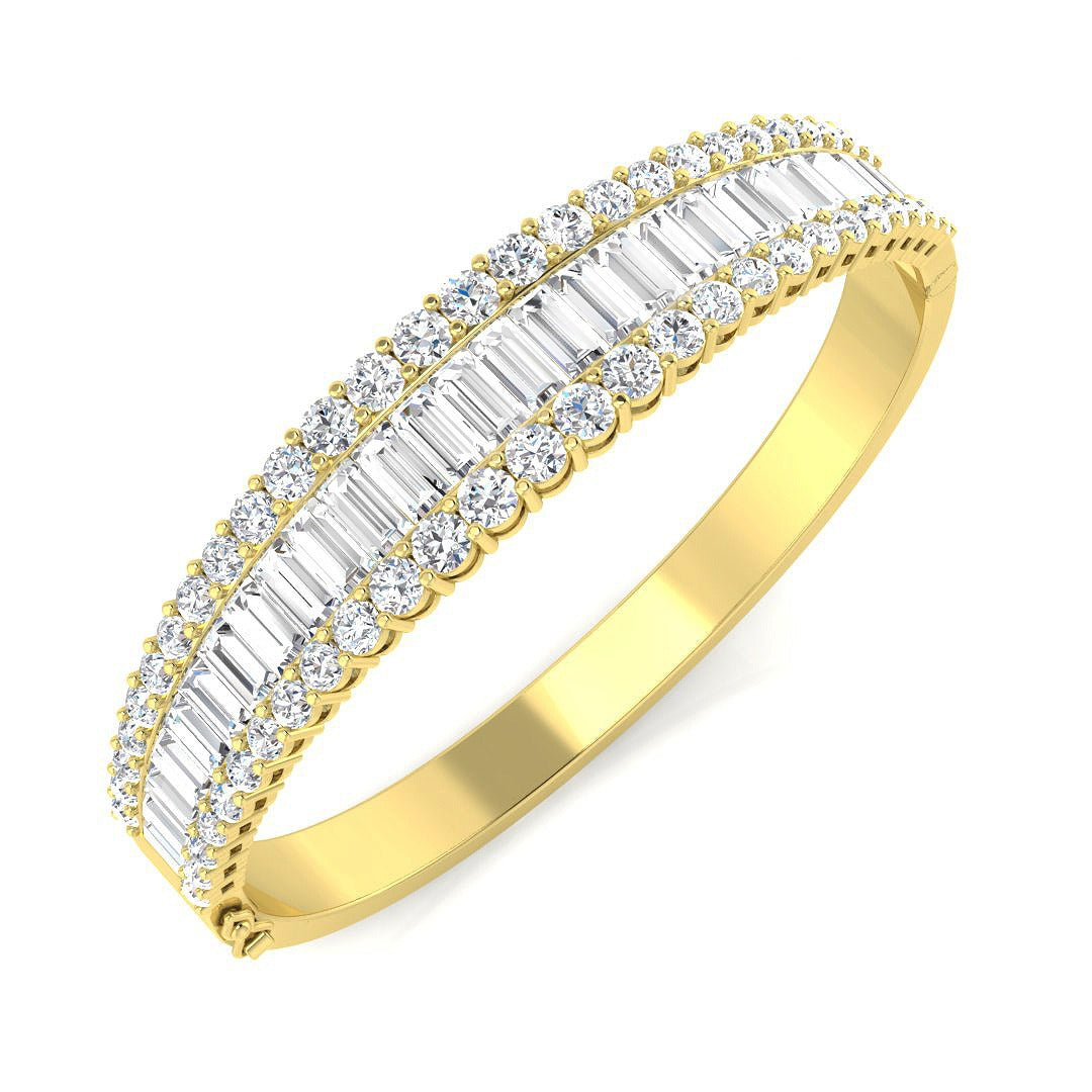 9K Yellow Gold Natural Baguette and Round Cut Diamond Half Channel Pave Set Bangle