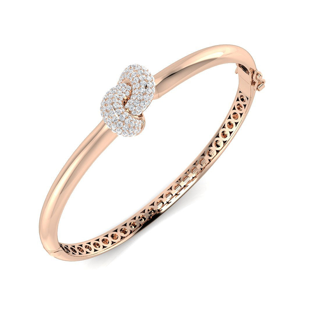 9K Yellow Gold Natural Round Cut Diamond Cluster Knot Fancy Bangle with Hinged Lock