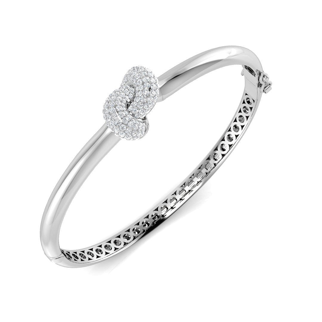 9K Yellow Gold Natural Round Cut Diamond Cluster Knot Fancy Bangle with Hinged Lock