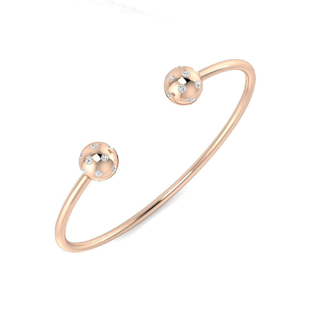 18K White Gold Natural Round Cut Flush Set Diamond Open Cuff Bangle with Ball End Design
