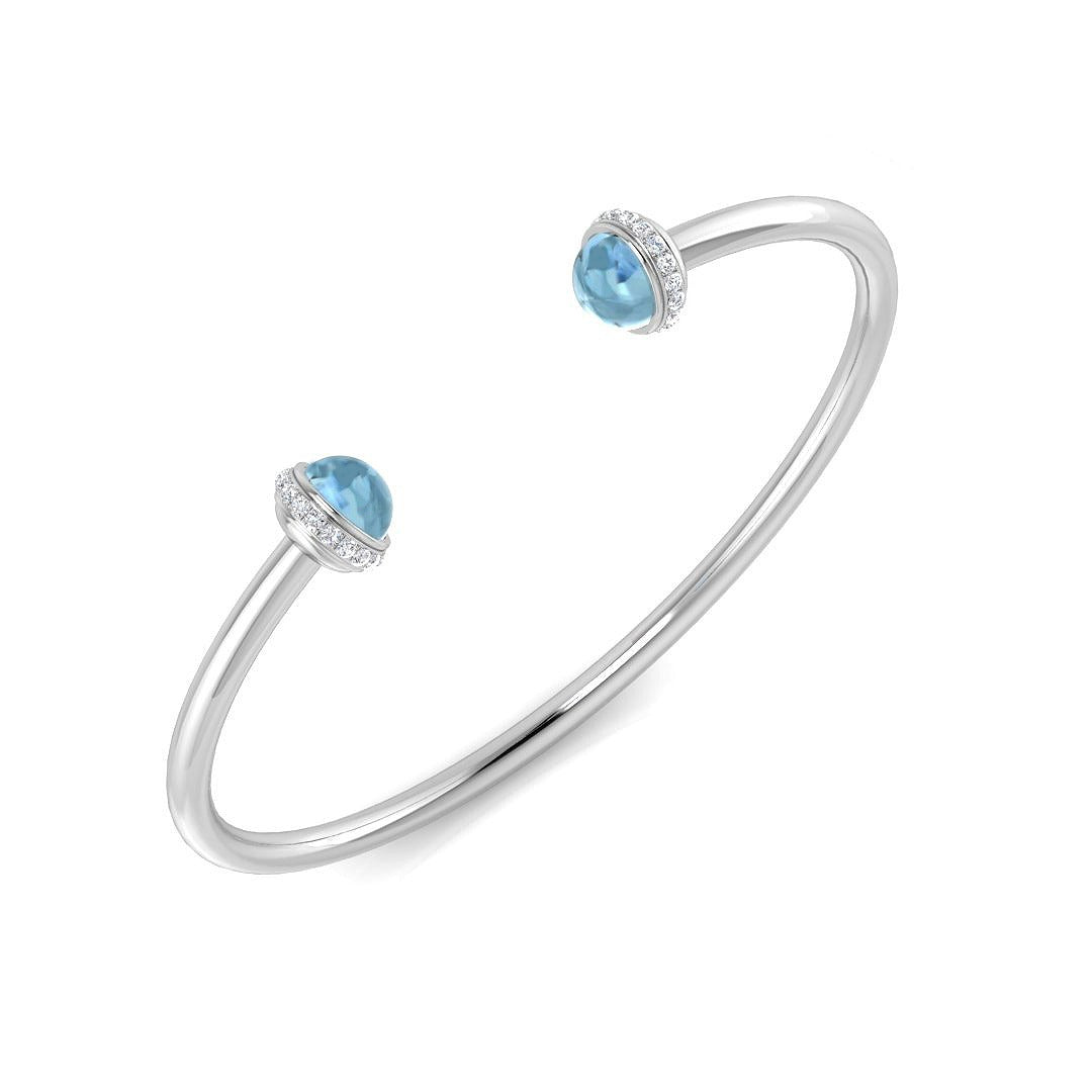 18K White Gold Aquamarine Open Cuff Bangle with Natural Round Cut Halo Diamonds