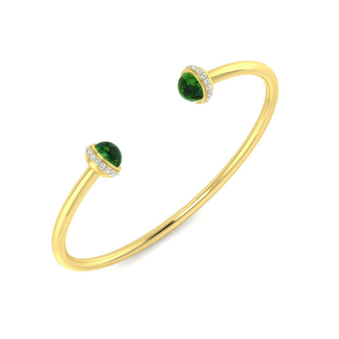 Premium Platinum Cabochon Peridot Open Cuff Bangle with Natural Round Halo Diamonds