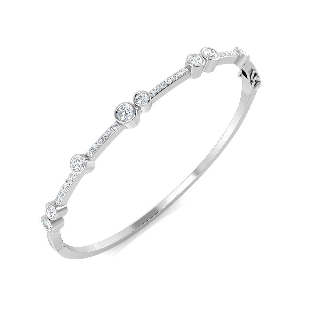 18K White Gold Round Cut Bezel & Pave Set Natural Diamond Bangle with Hinged and Box Clasp