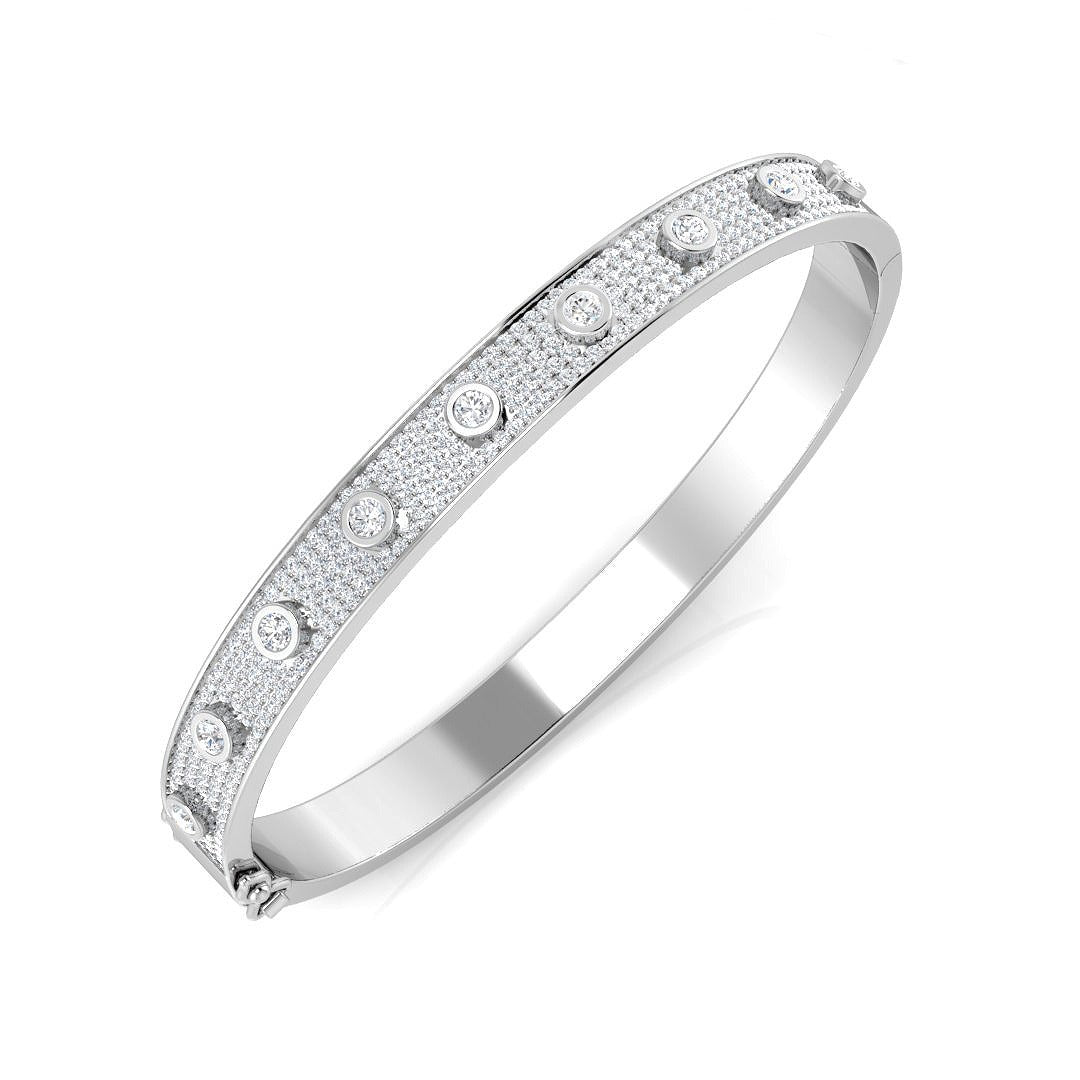 18K White Gold Lab Grown Diamond Bezel Pave Set Fancy Bangle with Hinged Box Lock