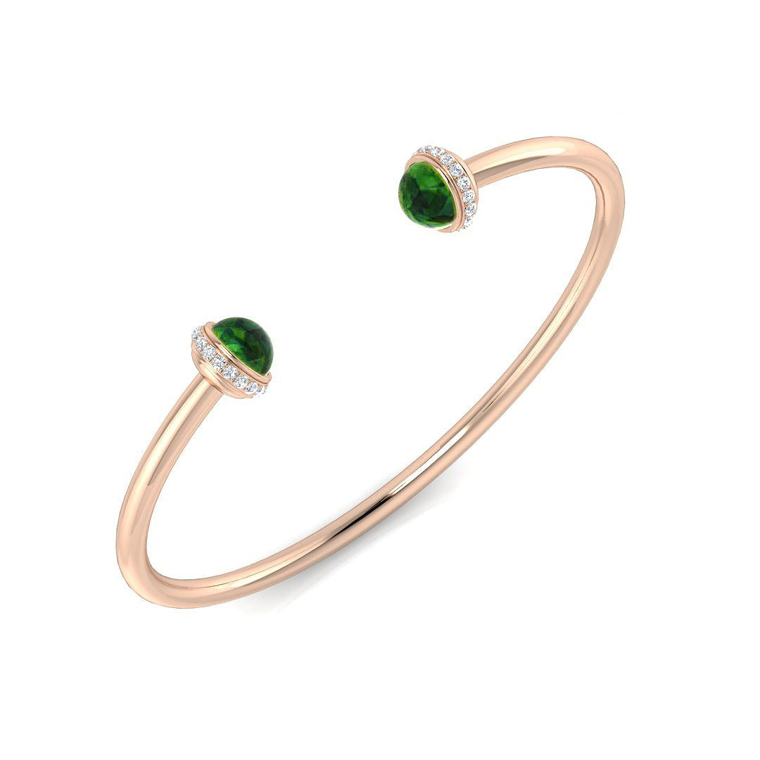 Premium Platinum Cabochon Peridot Open Cuff Bangle with Natural Round Halo Diamonds