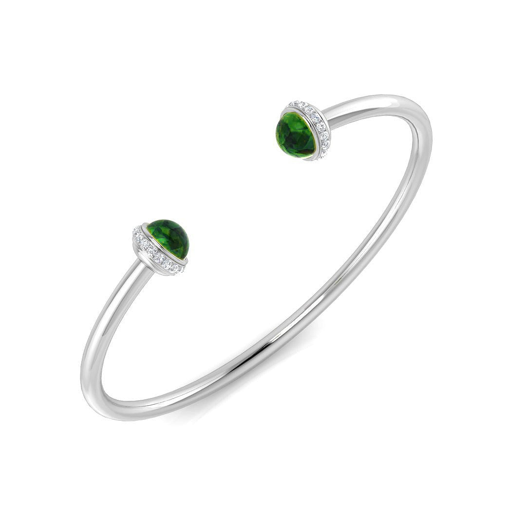 Premium Platinum Cabochon Peridot Open Cuff Bangle with Natural Round Halo Diamonds