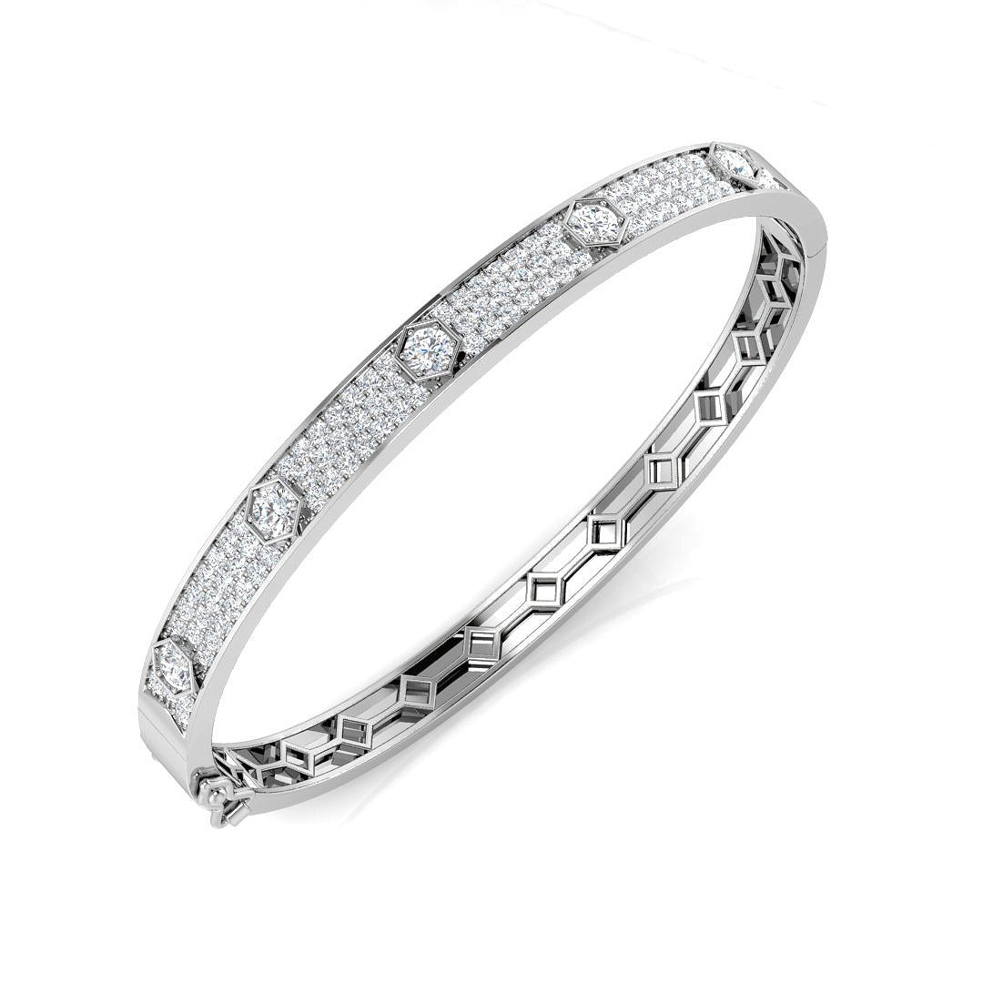 9K Yellow Gold Natural Round Cut Diamond Prong Pave Set Fancy Hinged Bangle with Lock
