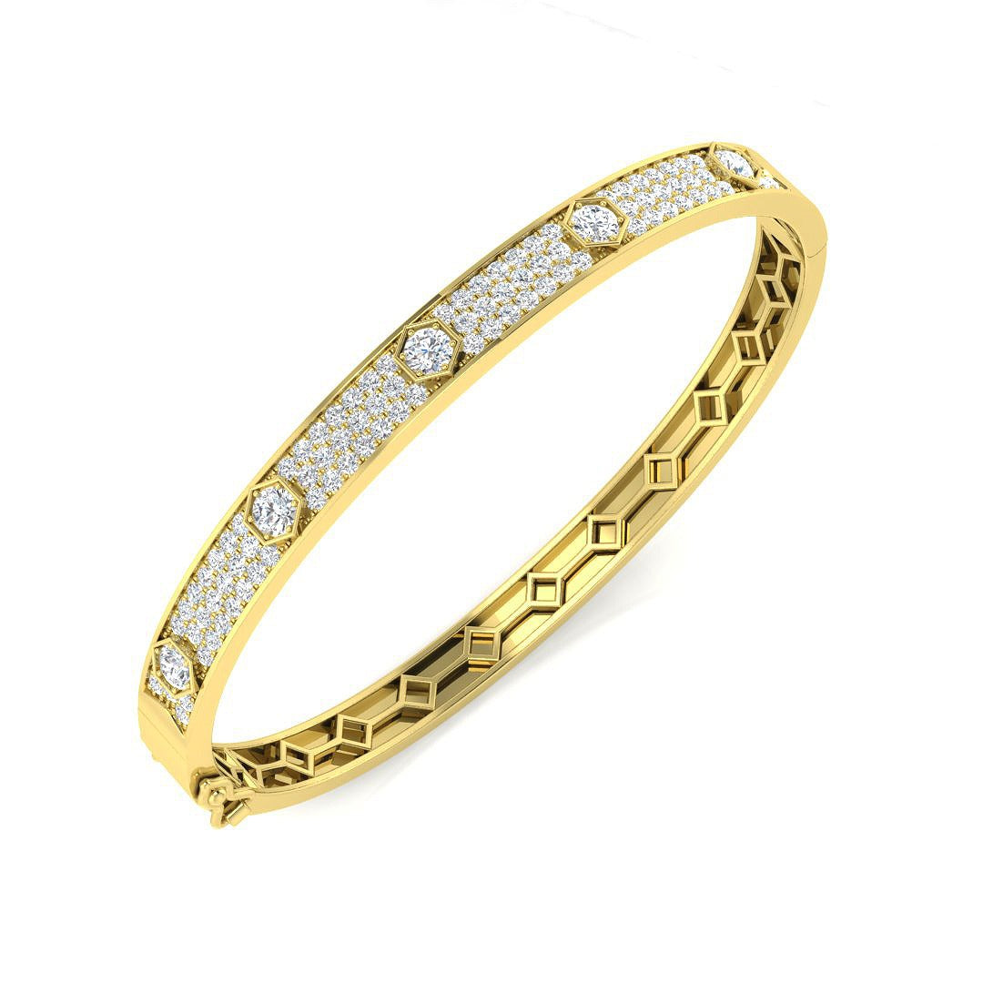 9K Yellow Gold Natural Round Cut Diamond Prong Pave Set Fancy Hinged Bangle with Lock