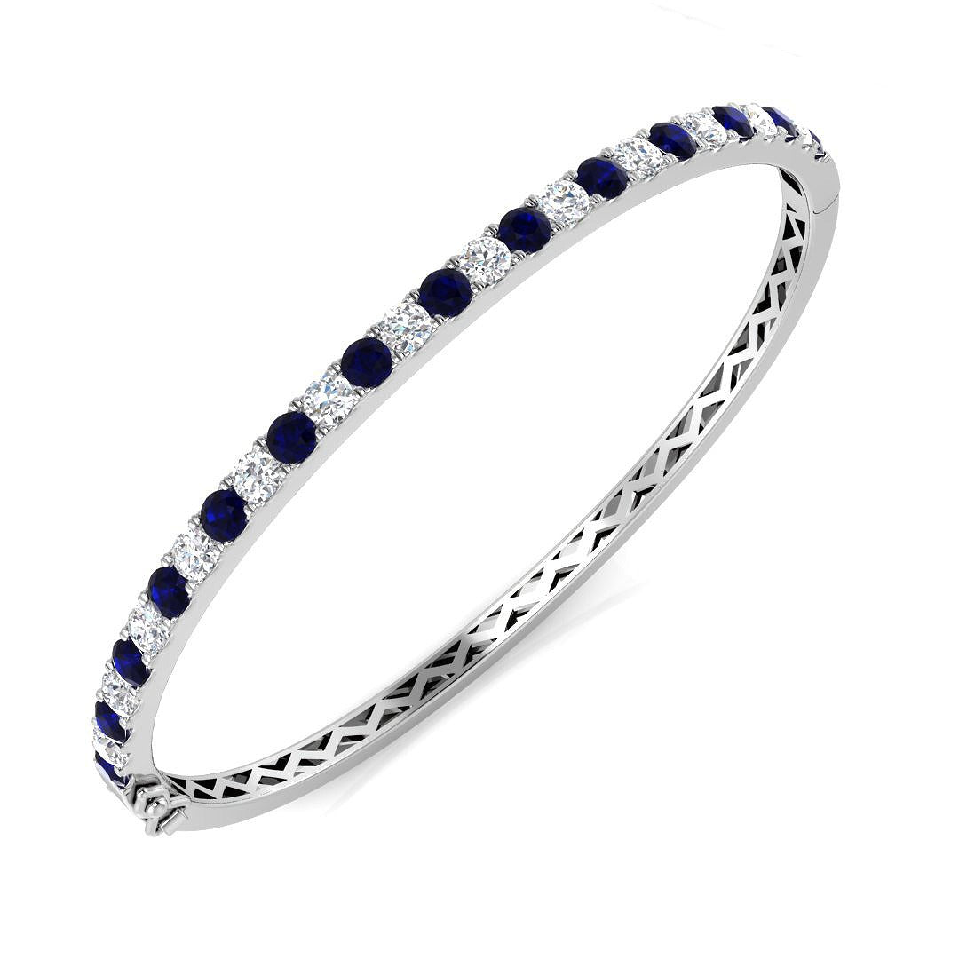 18K White Gold Natural Round Cut Diamond and Blue Sapphire Gemstone Bangle