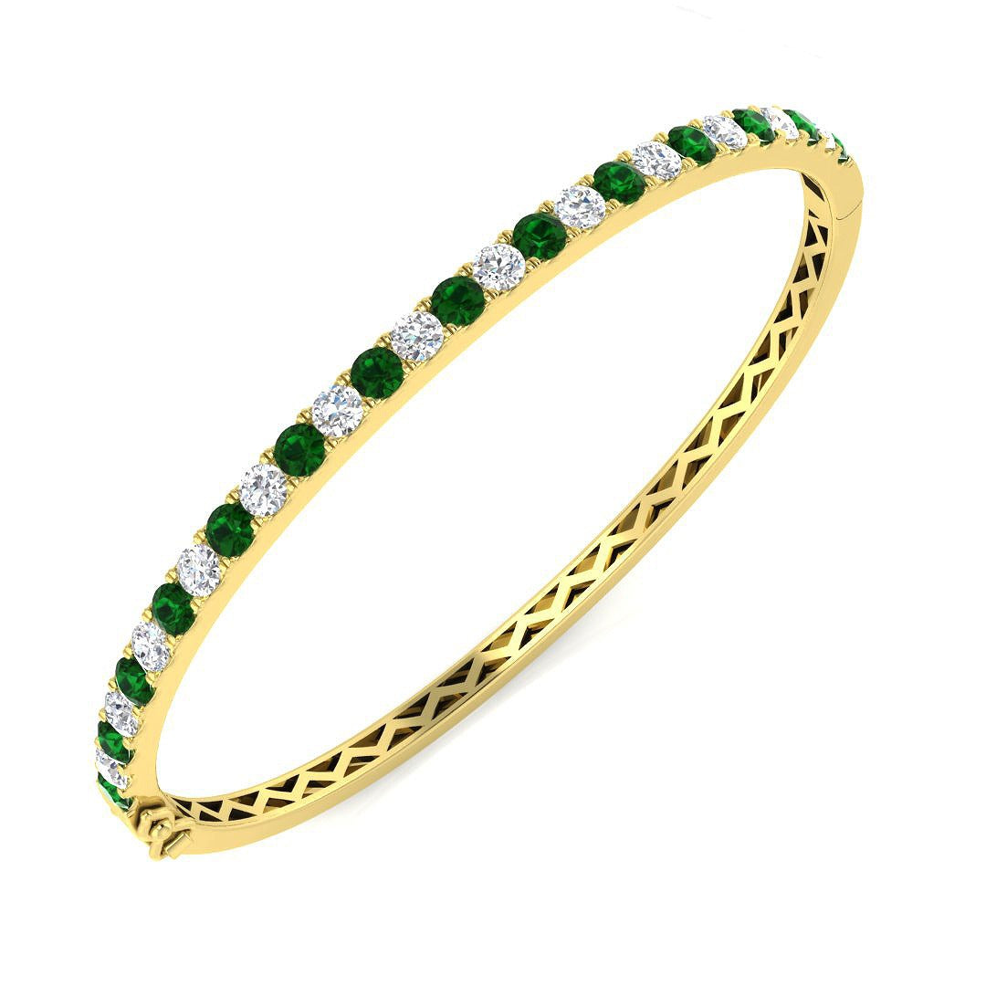 Platinum Natural Round Cut Diamond and Gemstone Half Eternity Prong Set Hinged Bangle