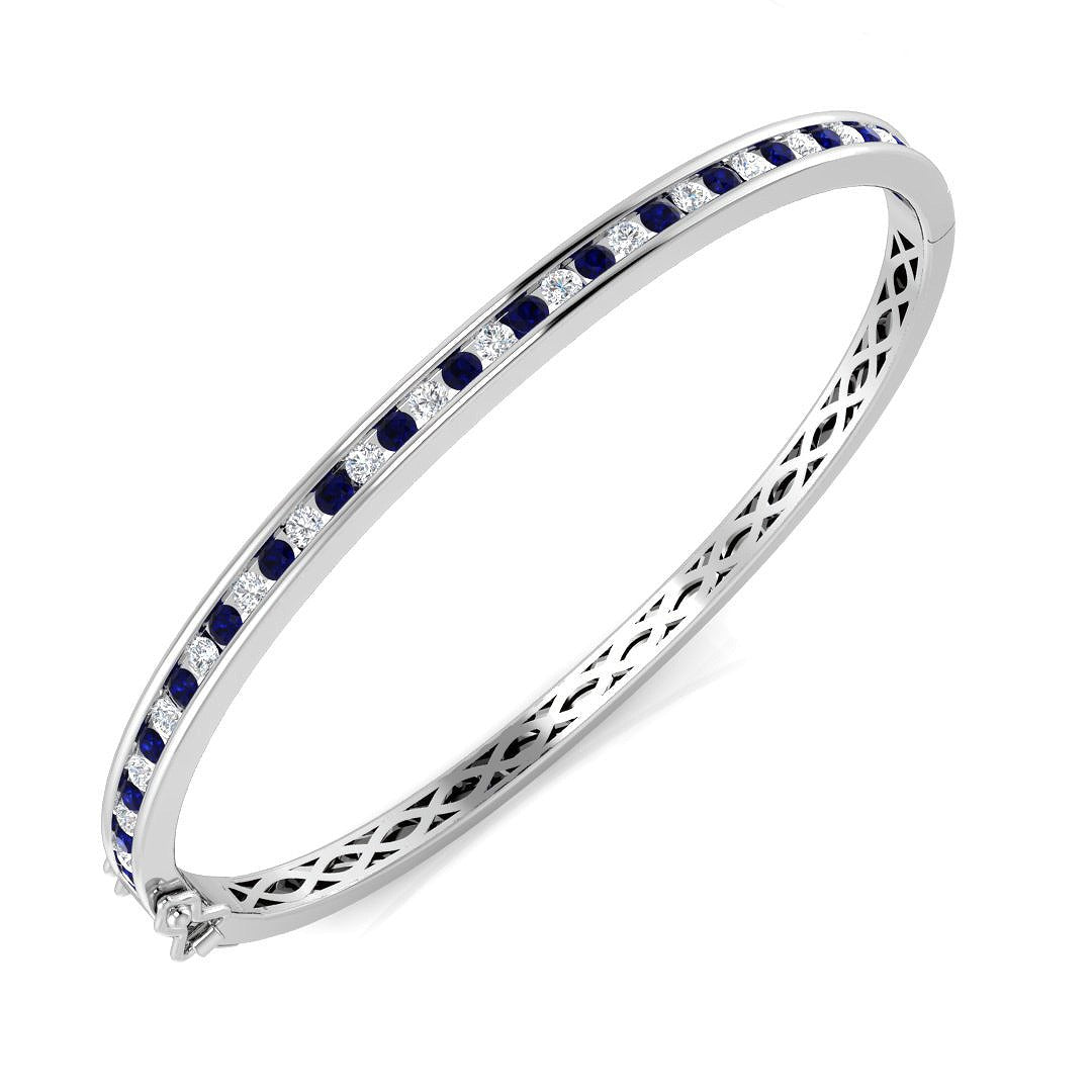 9K Yellow Gold Blue Sapphire and Natural Diamond Channel Set Gemstone Bangle