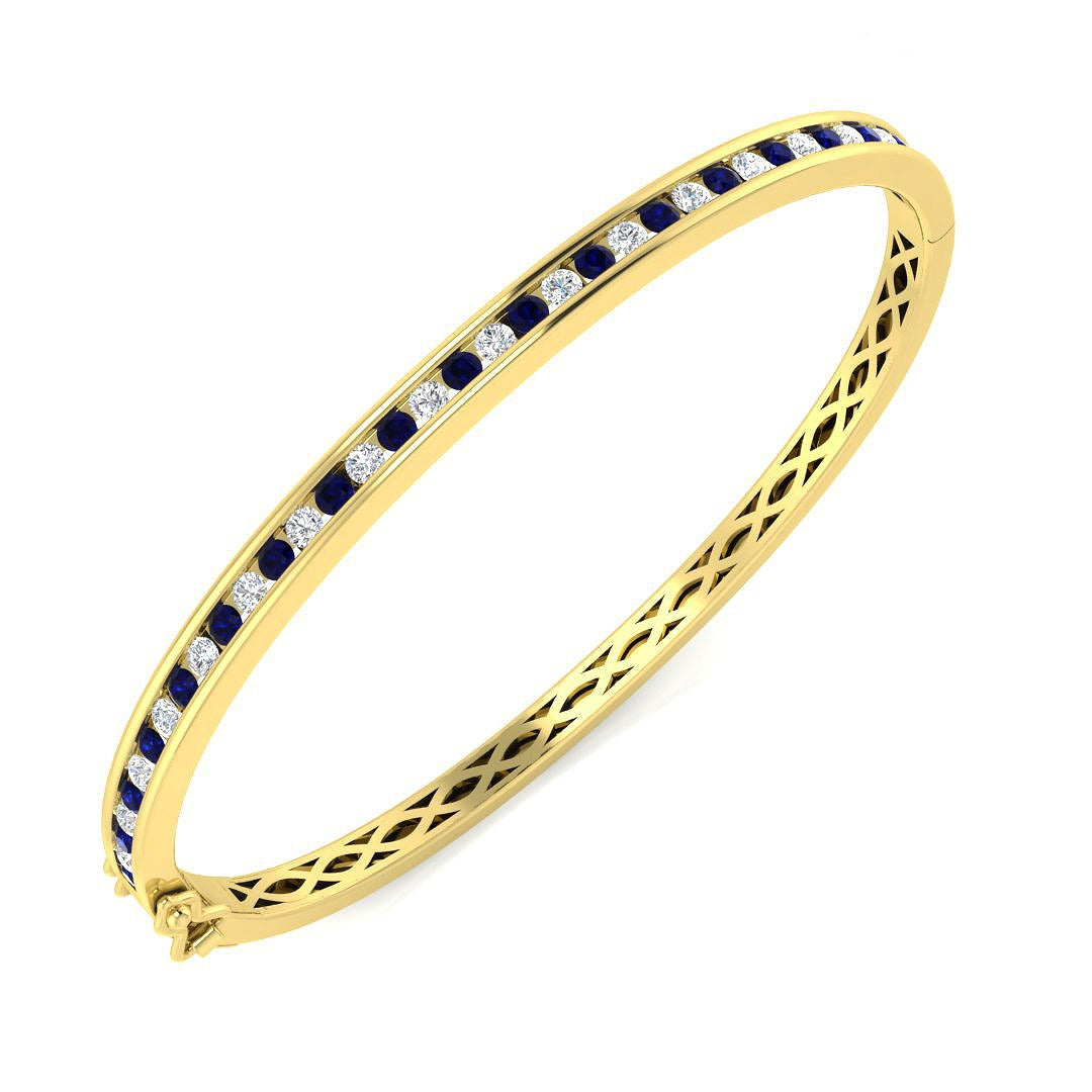 9K Yellow Gold Blue Sapphire and Natural Diamond Channel Set Gemstone Bangle
